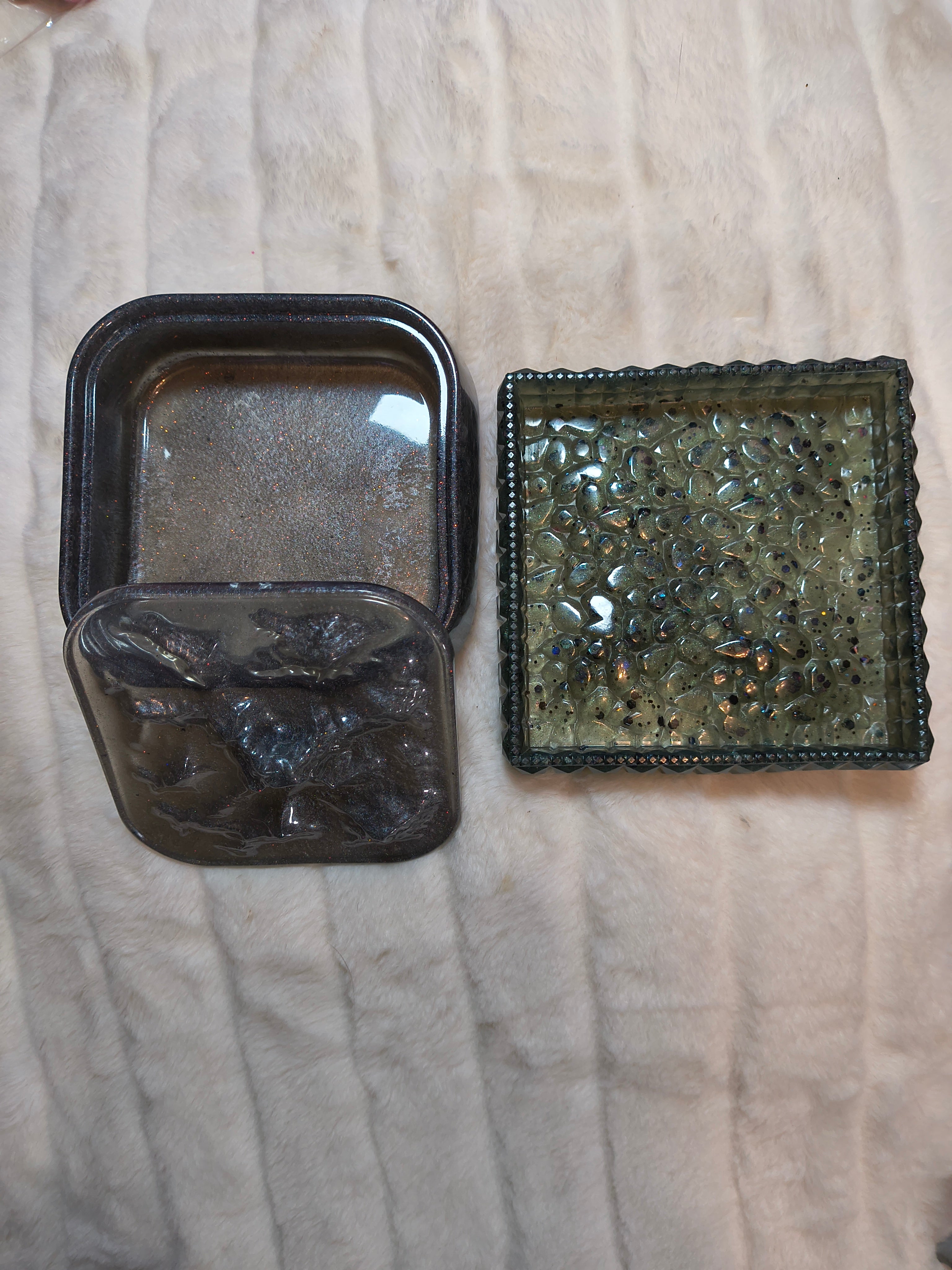Resin Trinket Holder Set — Lidded Vessel & Tray, Silver & Black Sparkle
