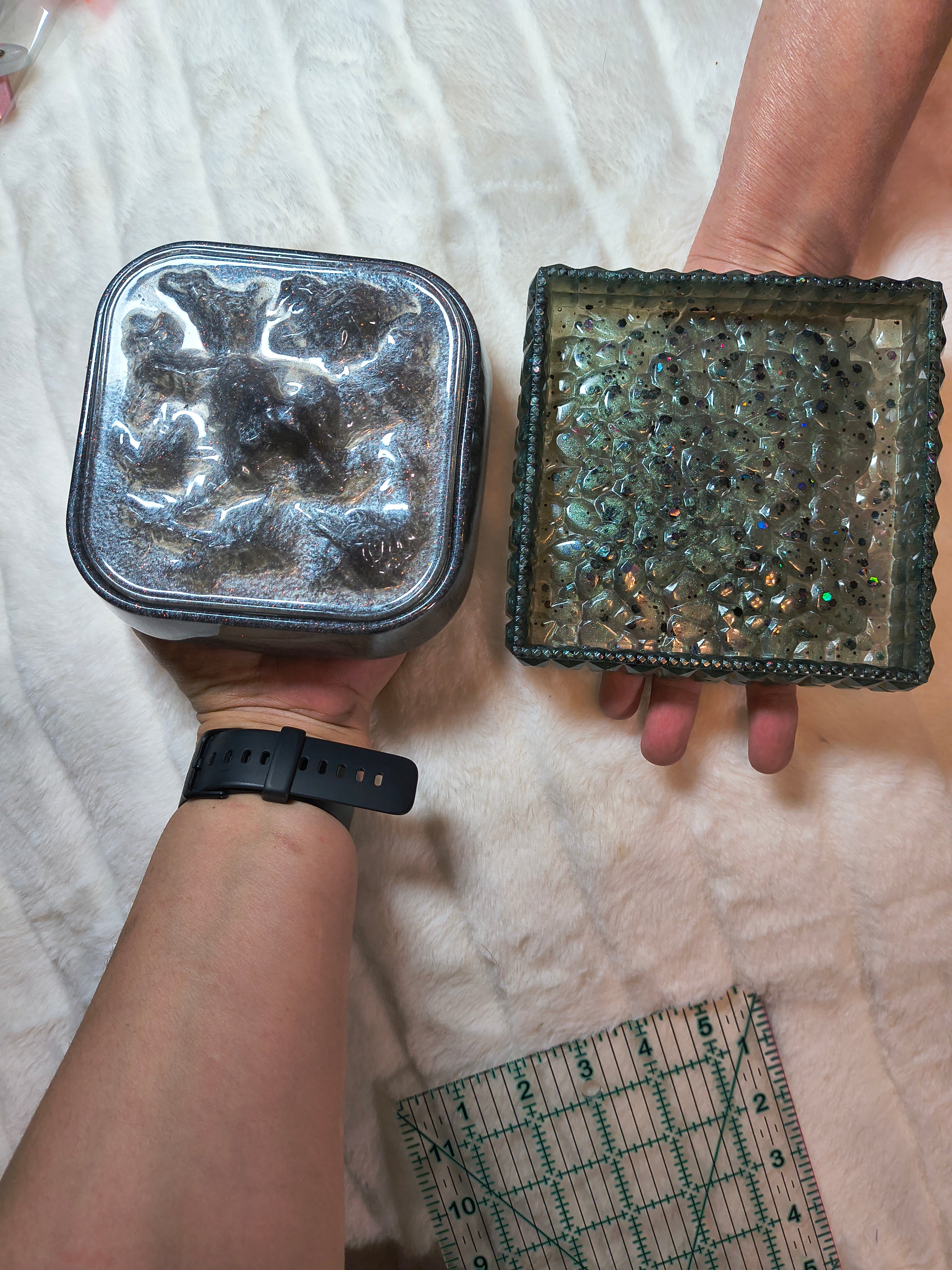 Resin Trinket Holder Set — Lidded Vessel & Tray, Silver & Black Sparkle