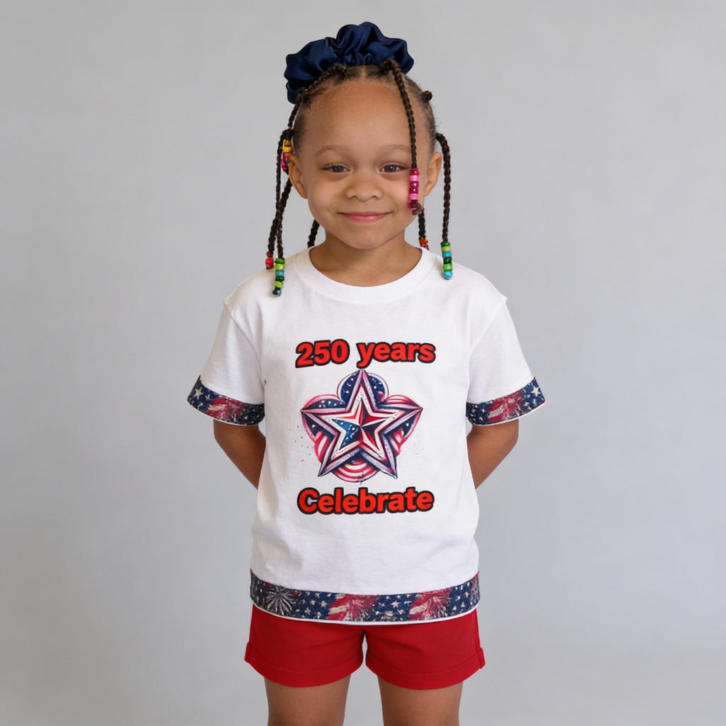 Short sleeve T-shirt, white,  Kids Patriotic T-Shirt/250 years Celebrate/Star& Flag design