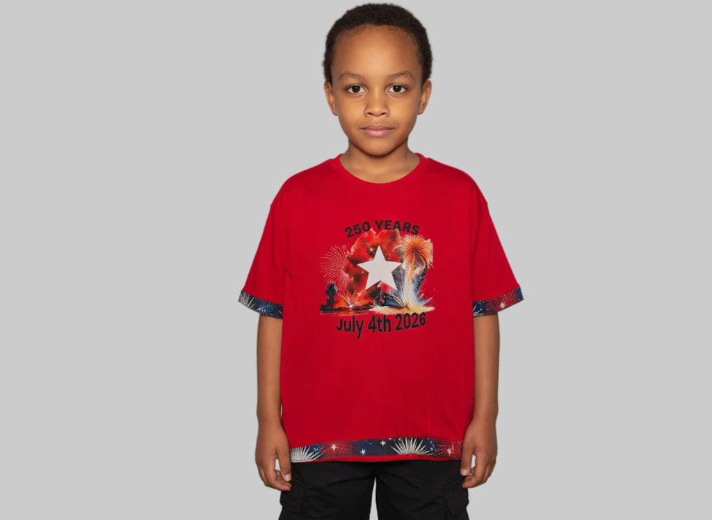 Short Sleeve red T-shirt, Holiday shirt with Fireworks for 4th of July, artist designed trim