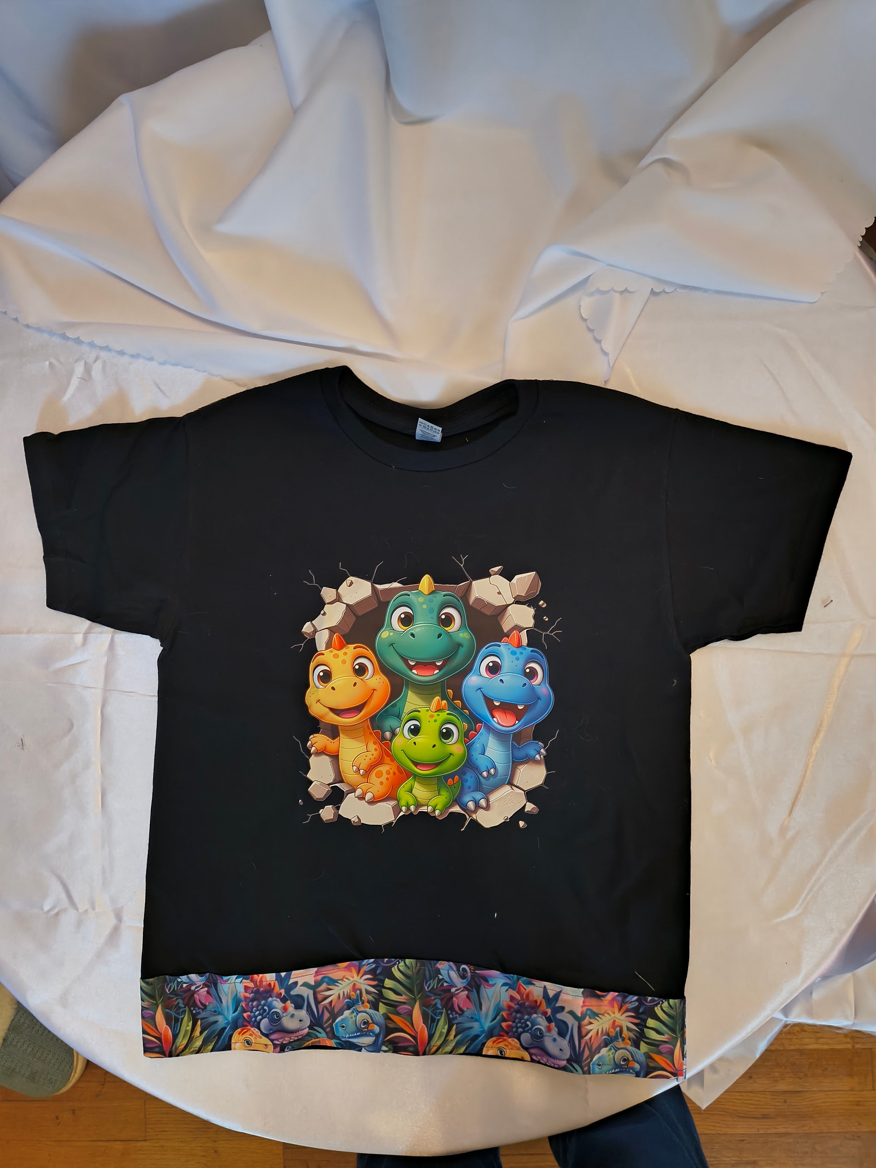 Short Sleeve T-Shirt, Black 100% cotton, Trimmed with designer cotton fabric, Four little Dinosaurs