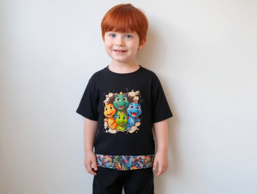 Short Sleeve T-Shirt, Black 100% cotton, Trimmed with designer cotton fabric, Four little Dinosaurs
