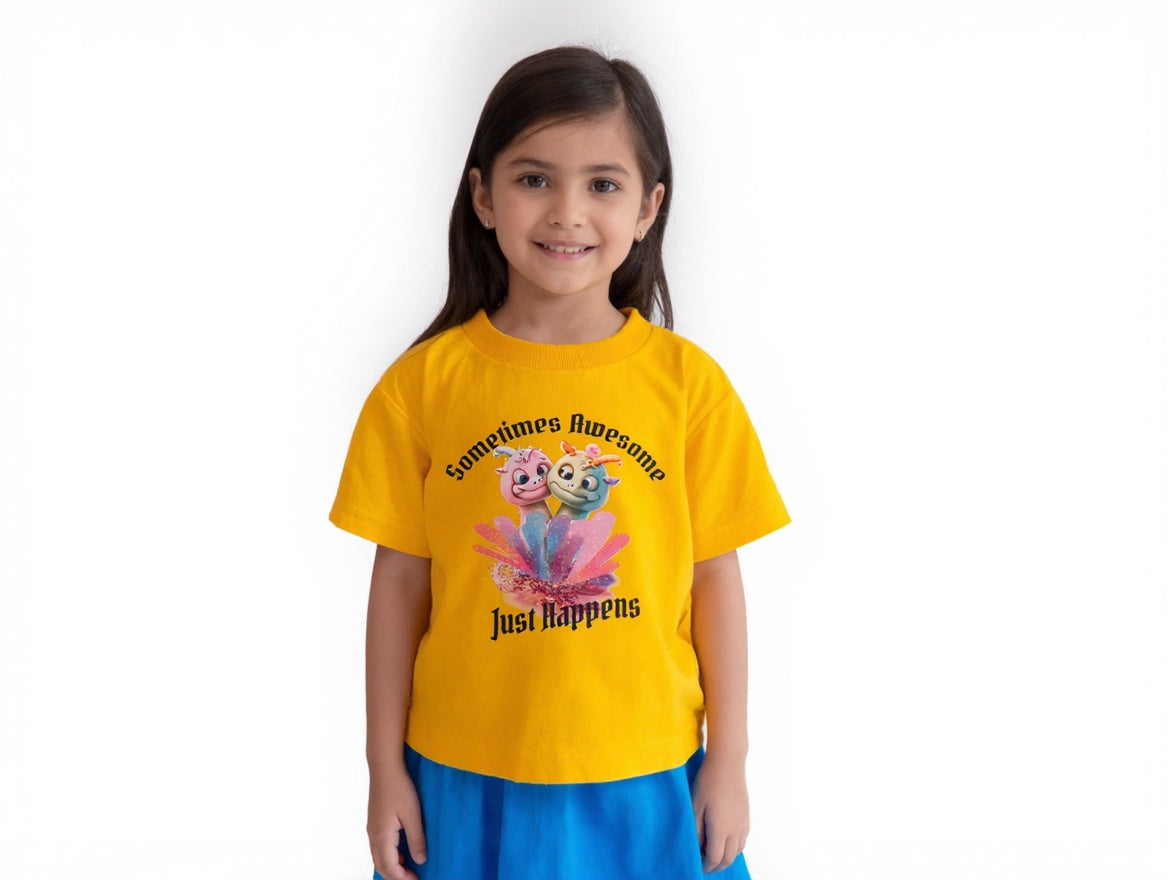 Short Sleeve T-Shirt, Yellow 100%cotton, Goofy Characters with variegated colors, States "Sometimes Awesome Just Happens"