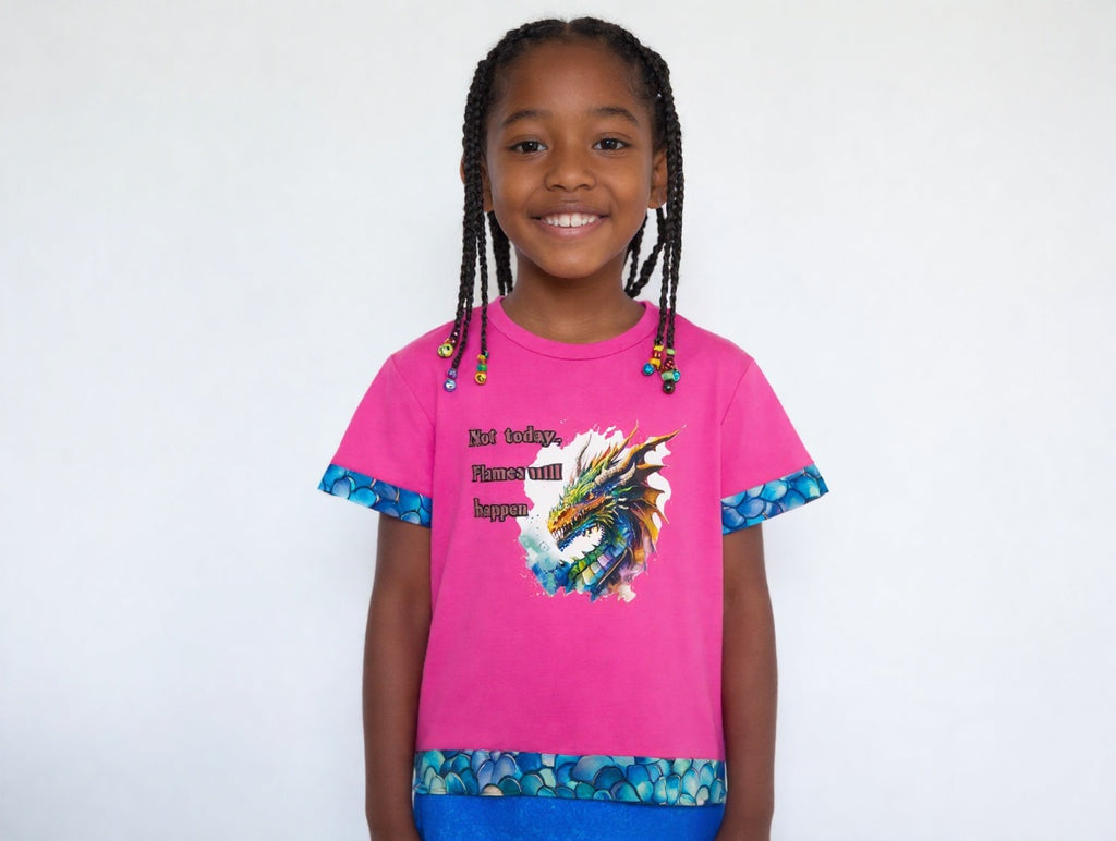 Short Sleeve T-Shirt, Pink, graphic of Dragon stating, "Not Today Flames will Happen", with multi color blue  edging on arms and hem