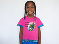 Short Sleeve T-Shirt, Pink, graphic of Dragon stating, "Not Today Flames will Happen", with multi color blue  edging on arms and hem