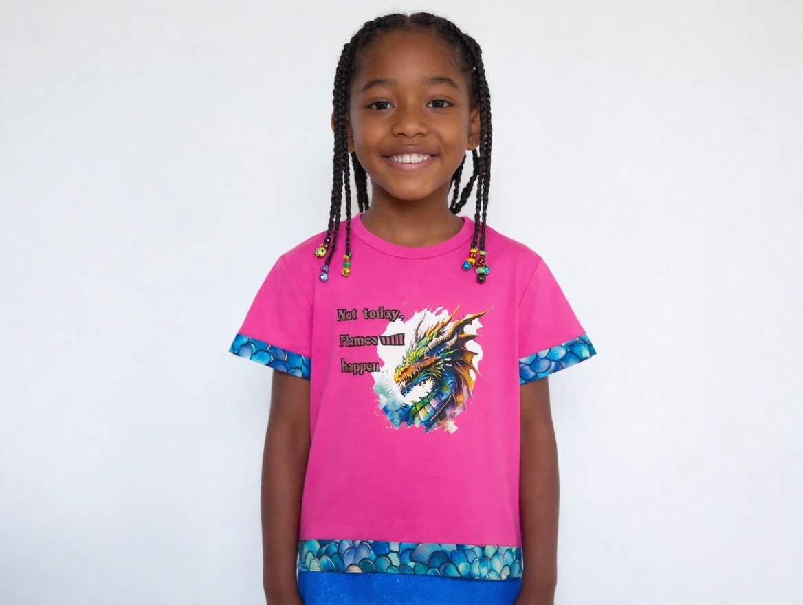 Short Sleeve T-Shirt, Pink, graphic of Dragon stating, "Not Today Flames will Happen", with multi color blue  edging on arms and hem