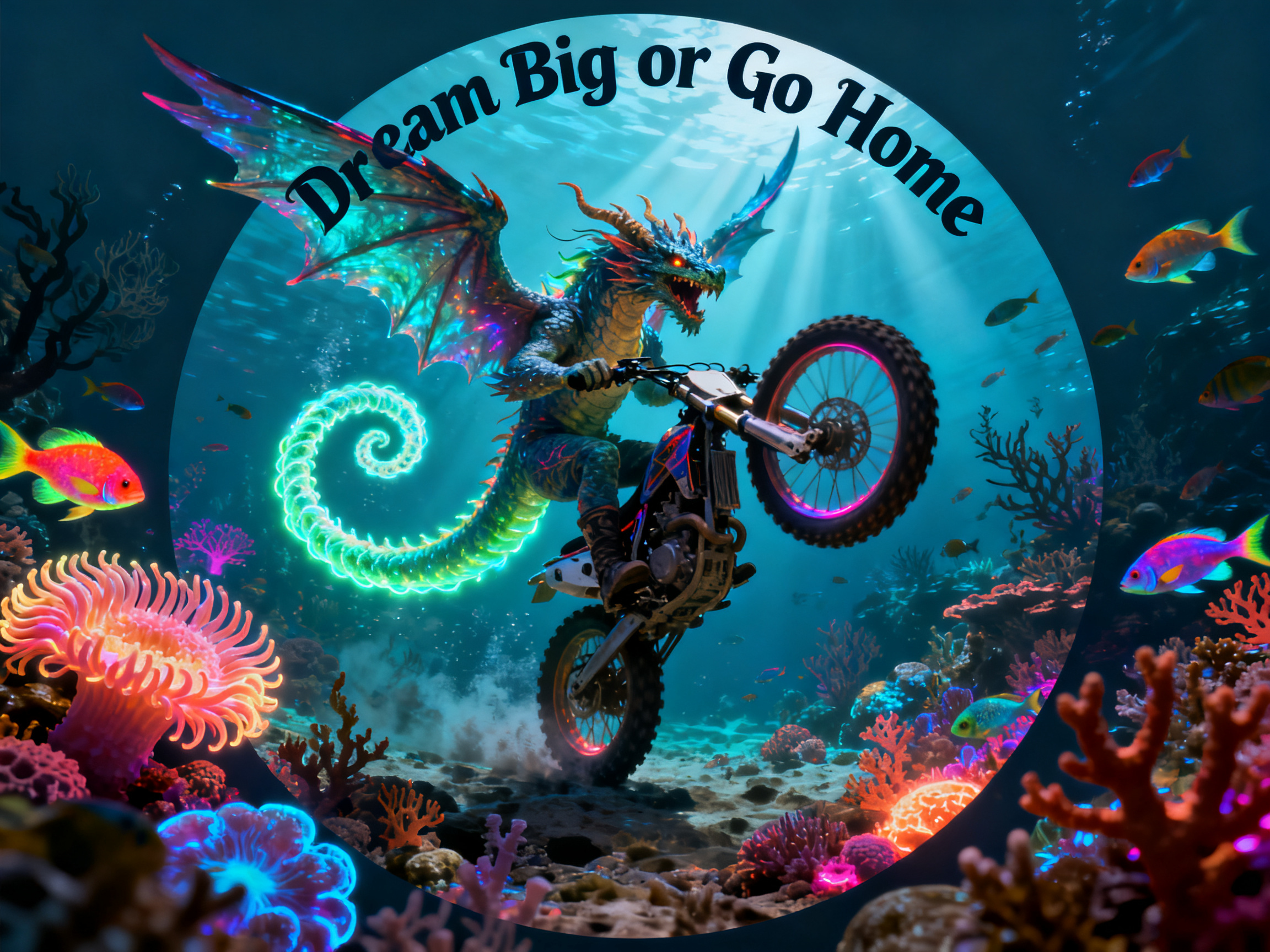 Short Sleeve T-Shirt, turquoise, 100% cotton, fun sea creature in the ocean popping a wheely, States, "Dream Big or Go Home", with cotton graphic sea trim
