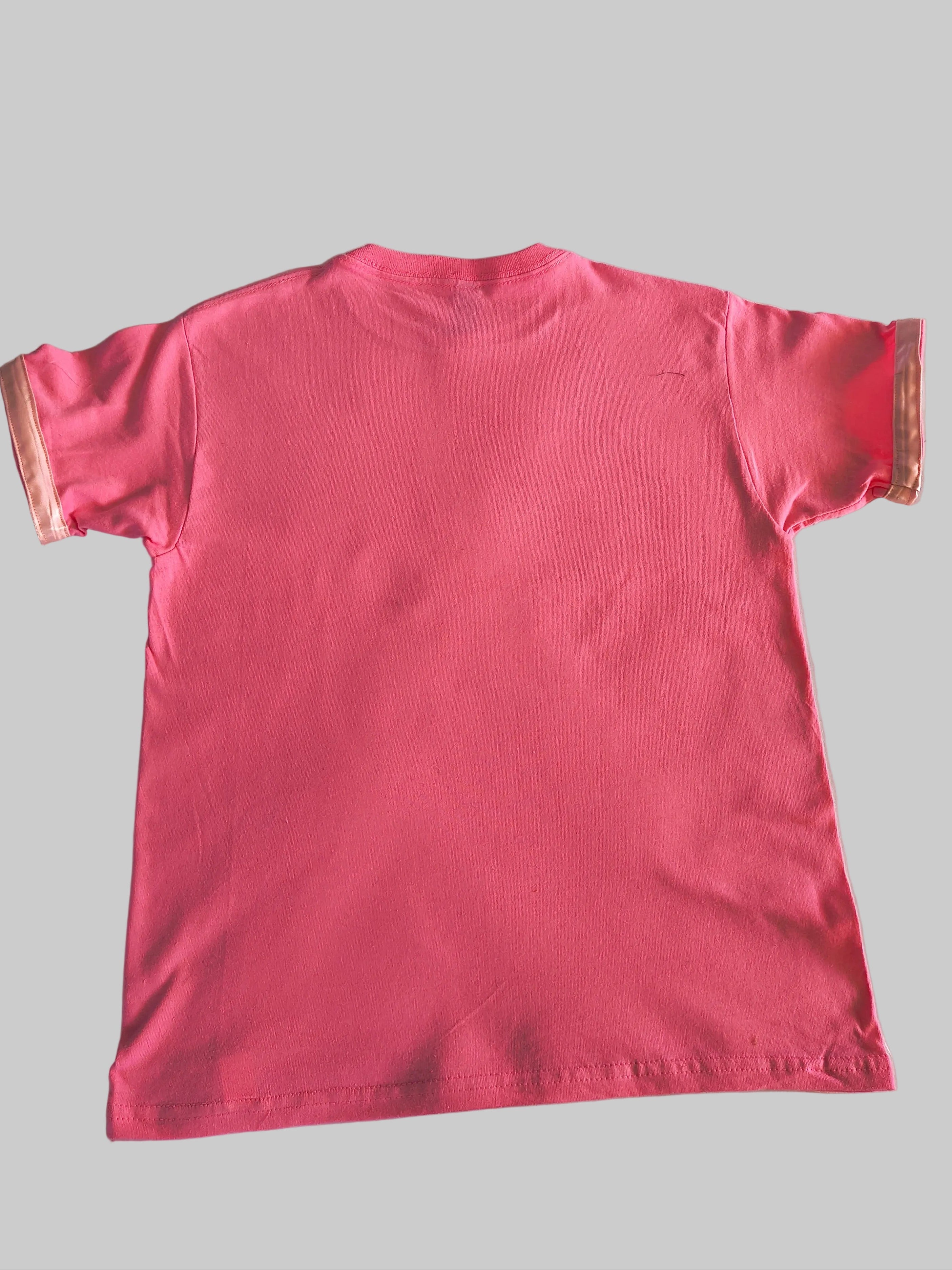 Pink t-shirt with pink satin trim on a sleeves back view of shirt
