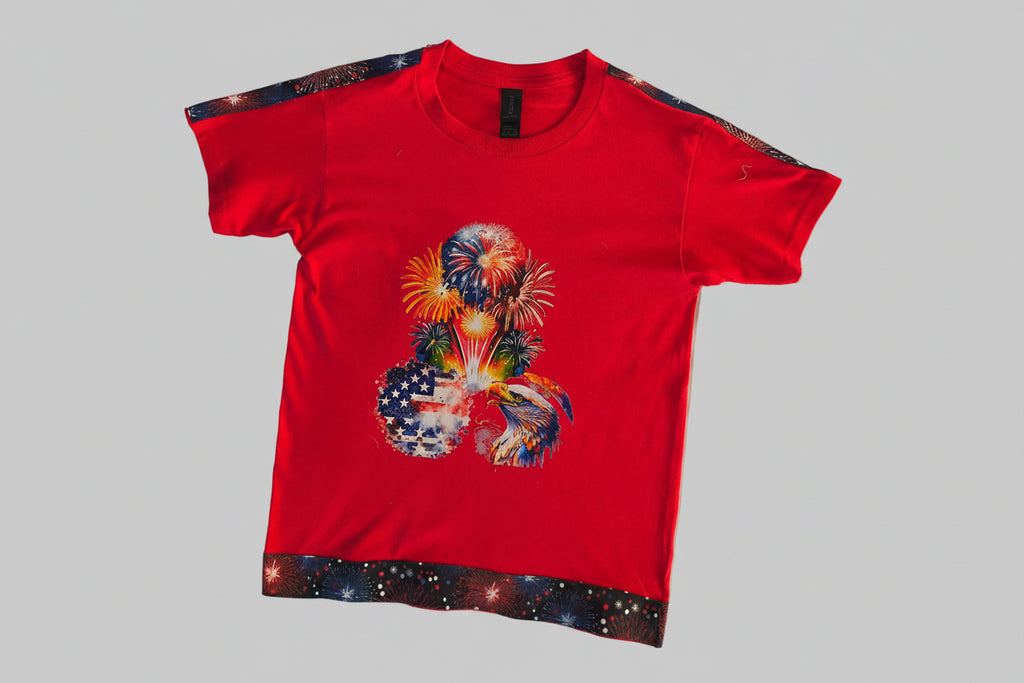 Short sleeve T-Shirt, Red, Firework /Eagle/Flag image, with added Artist designed fabric trim