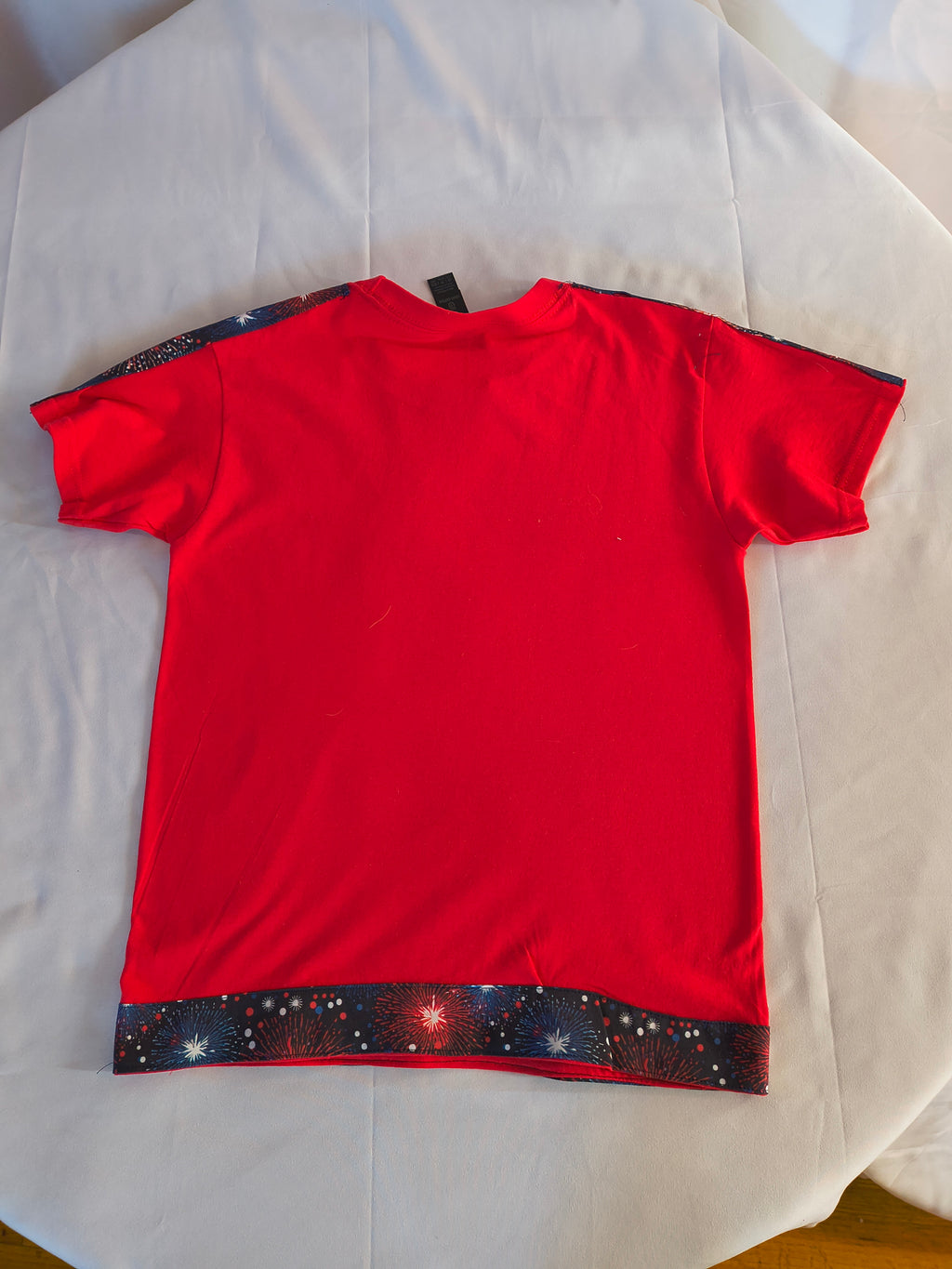 Short sleeve T-Shirt, Red, Firework /Eagle/Flag image, with added Artist designed fabric trim