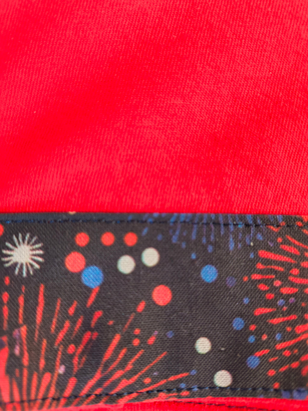Short sleeve T-Shirt, Red, Firework /Eagle/Flag image, with added Artist designed fabric trim