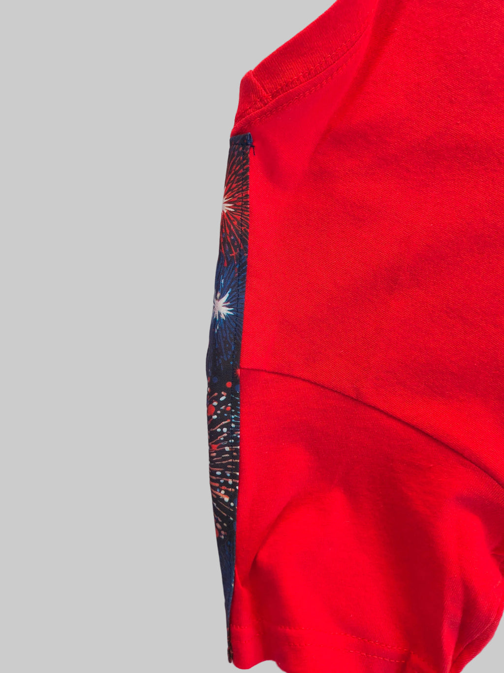 Short sleeve T-Shirt, Red, Firework /Eagle/Flag image, with added Artist designed fabric trim