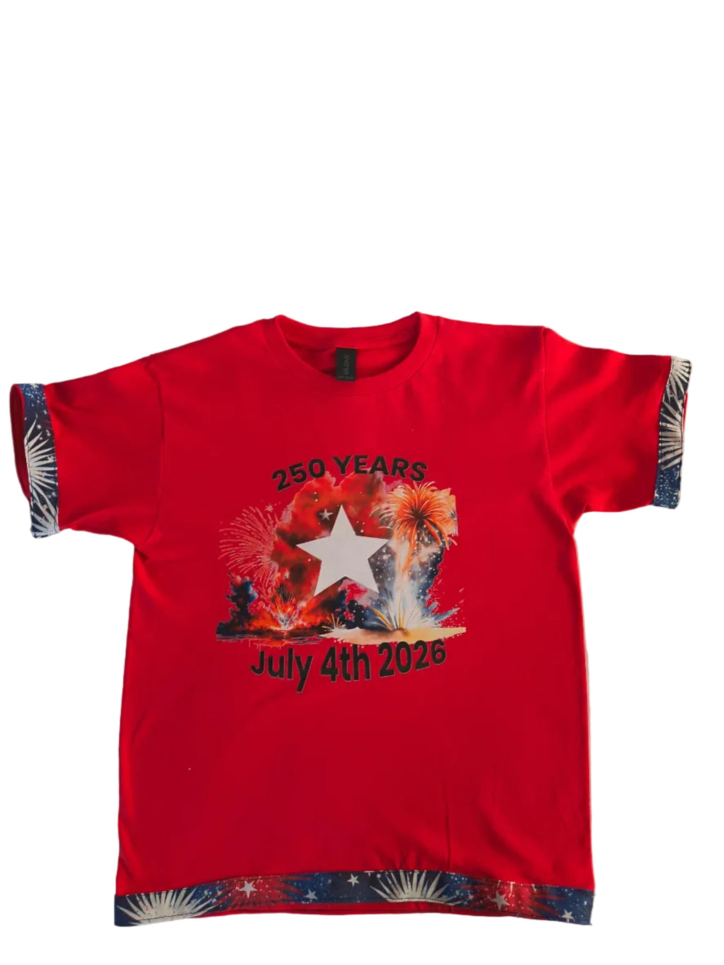 Short Sleeve red T-shirt, Holiday shirt with Fireworks for 4th of July, artist designed trim