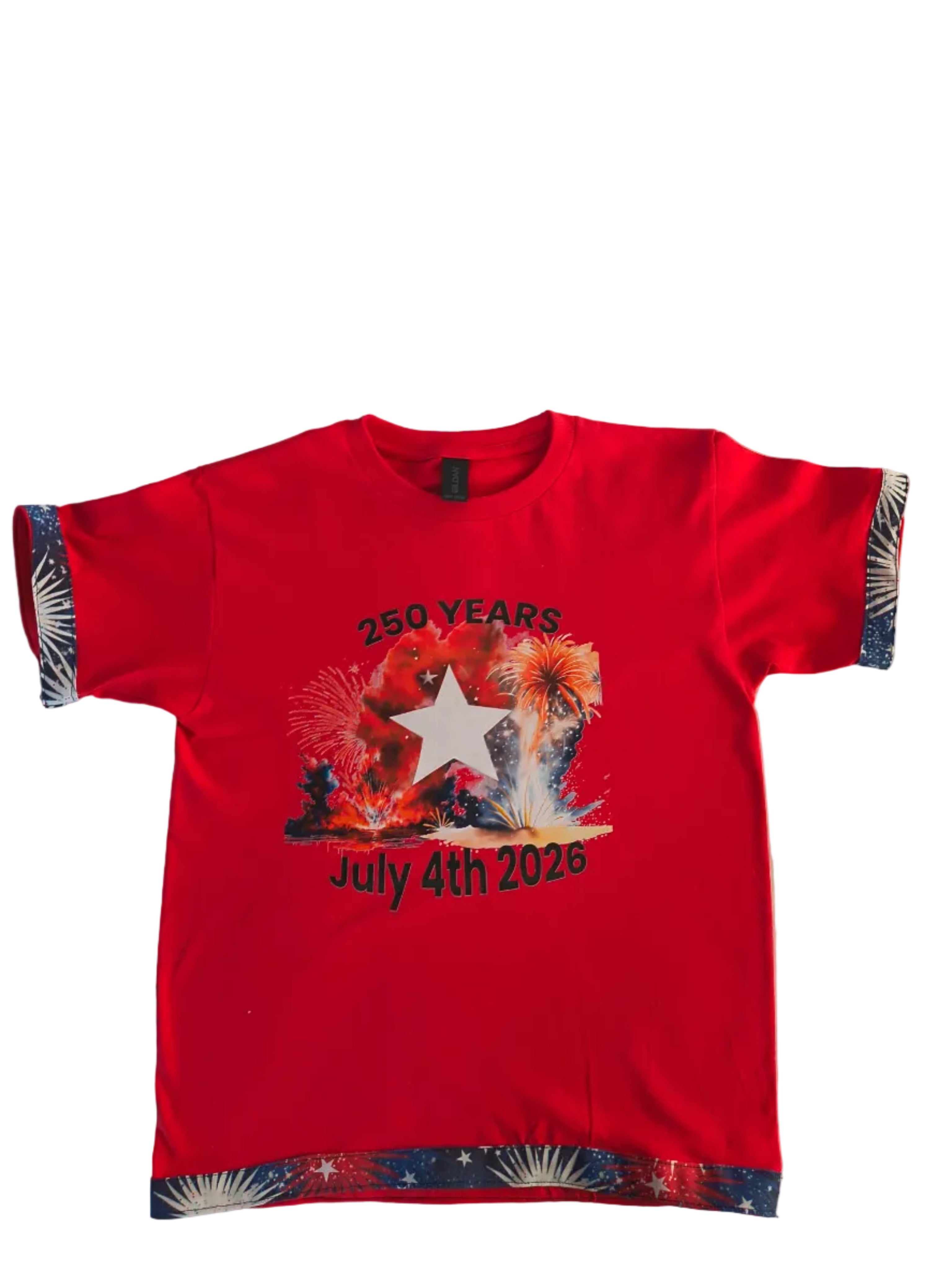Short Sleeve red T-shirt, Holiday shirt with Fireworks for 4th of July, artist designed trim