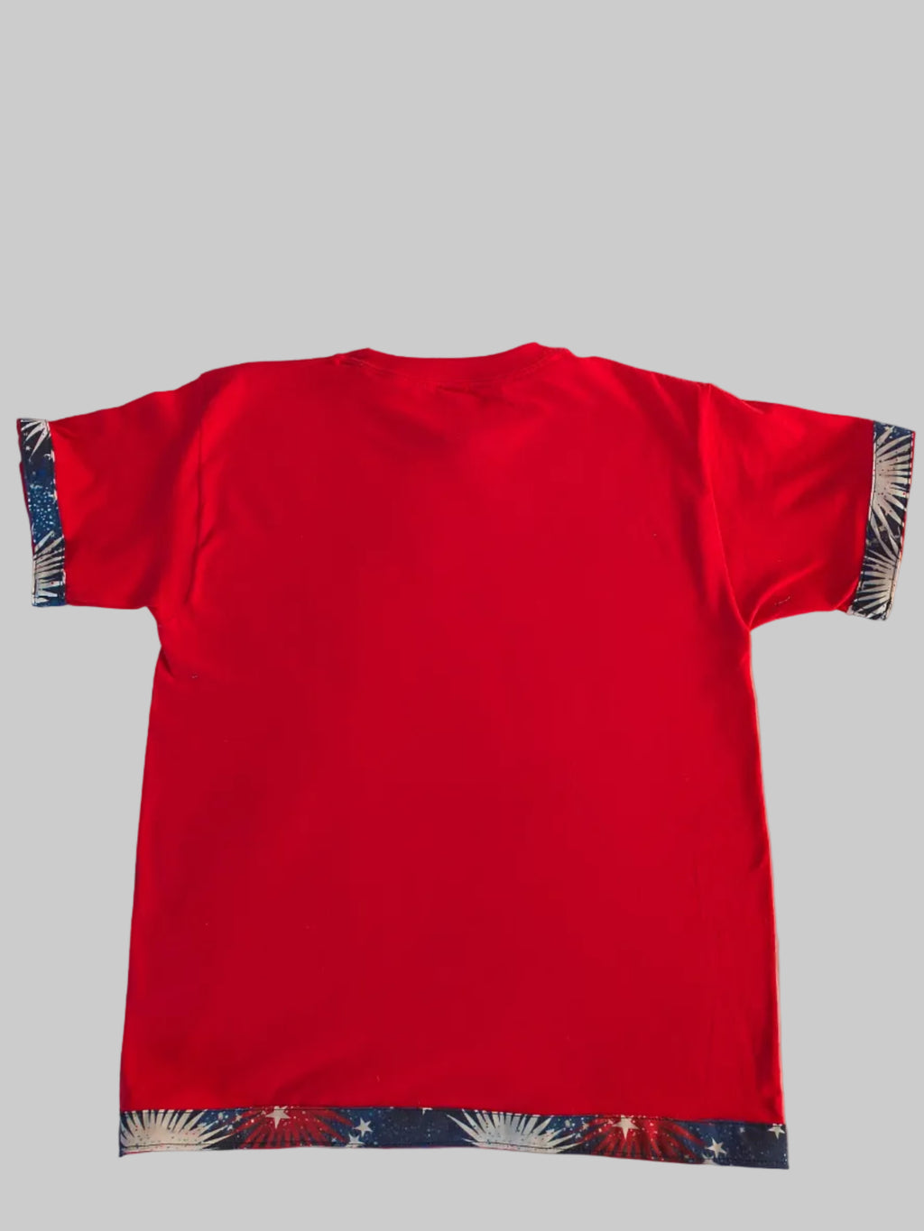 Short Sleeve red T-shirt, Holiday shirt with Fireworks for 4th of July, artist designed trim