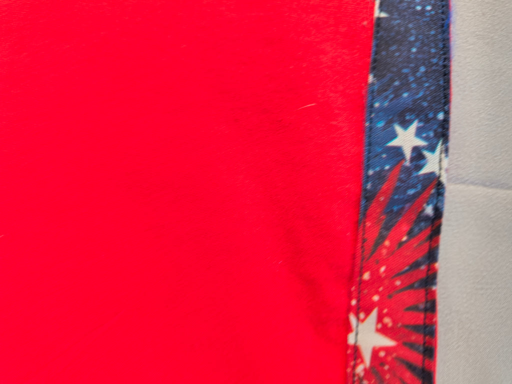 Short Sleeve red T-shirt, Holiday shirt with Fireworks for 4th of July, artist designed trim