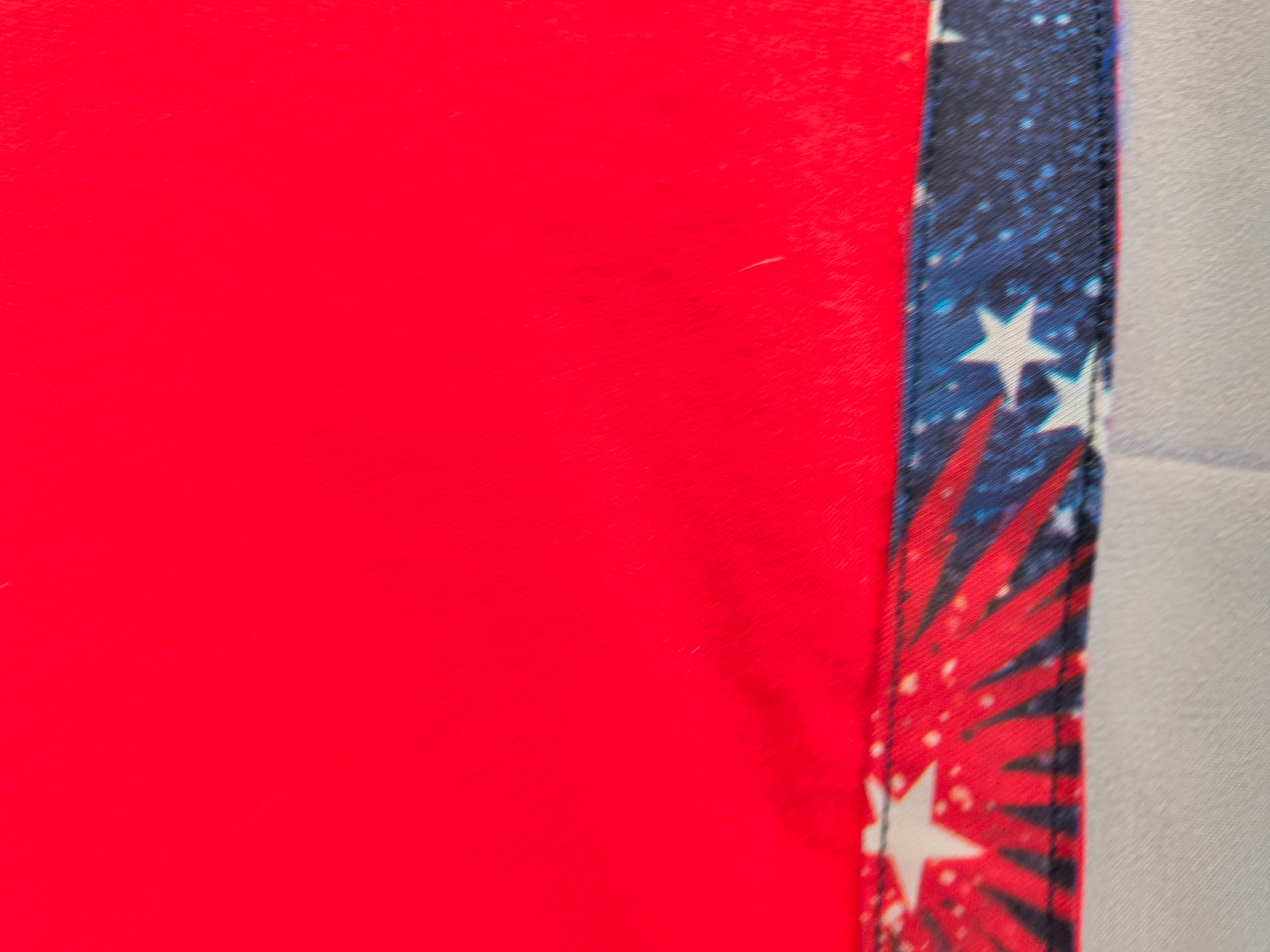 Short Sleeve red T-shirt, Holiday shirt with Fireworks for 4th of July, artist designed trim