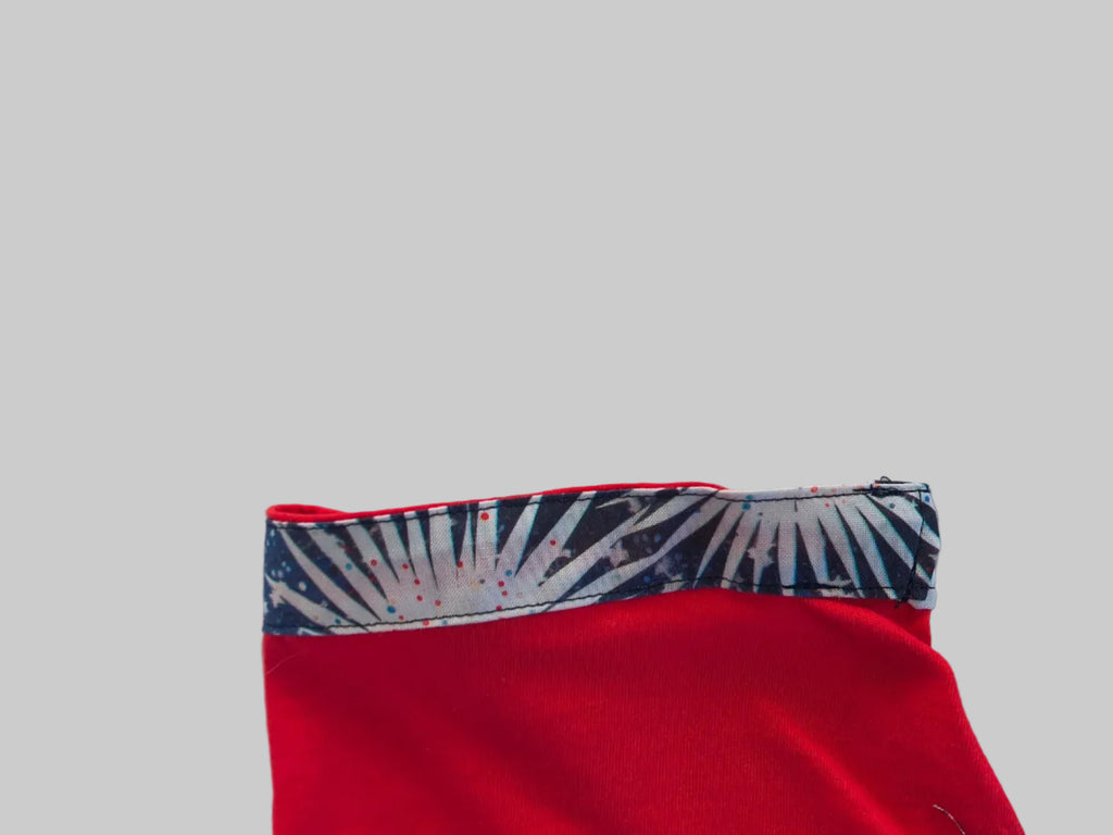 Short Sleeve red T-shirt, Holiday shirt with Fireworks for 4th of July, artist designed trim