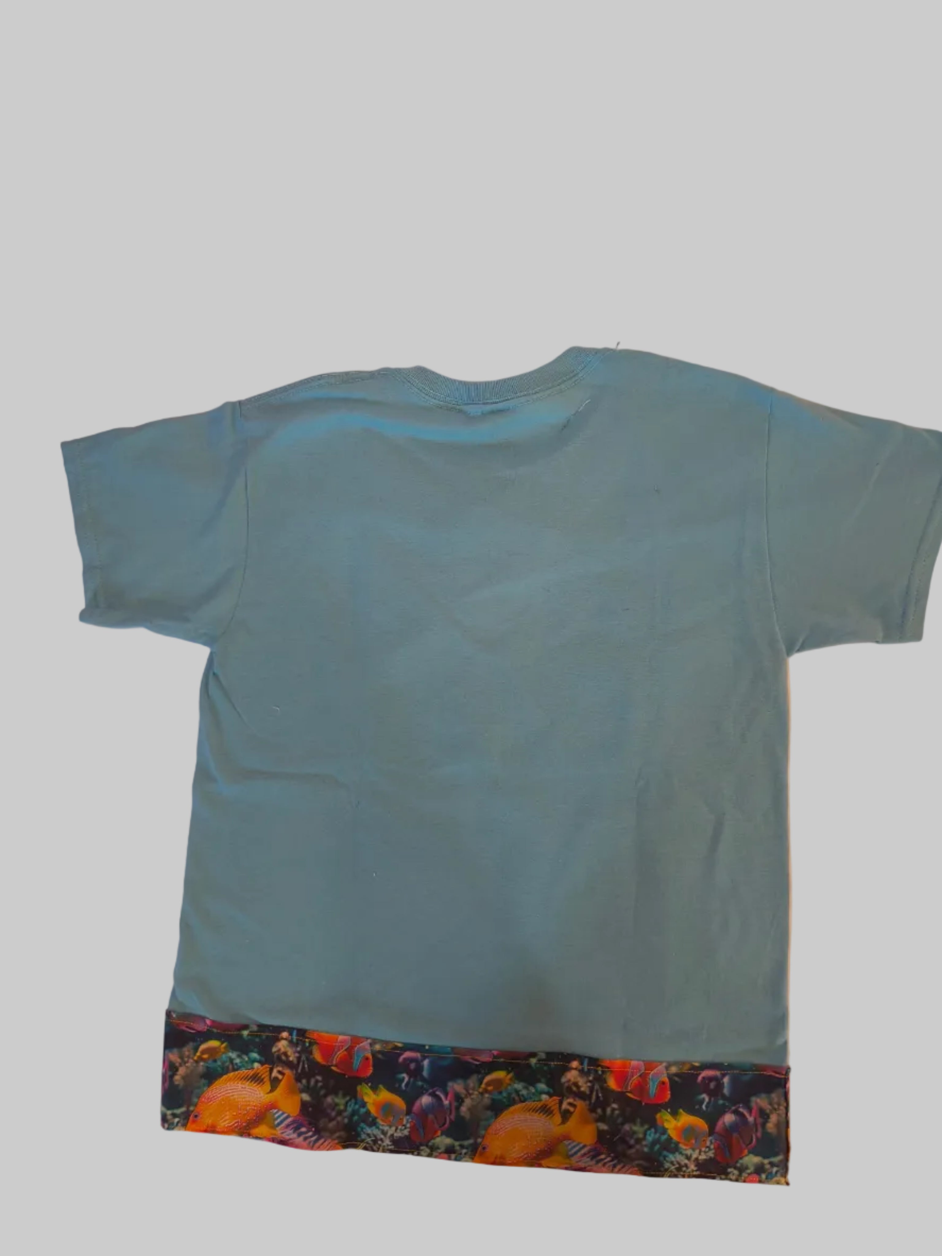 Short Sleeve T-Shirt, turquoise, 100% cotton, fun sea creature in the ocean popping a wheely, States, "Dream Big or Go Home", with cotton graphic sea trim