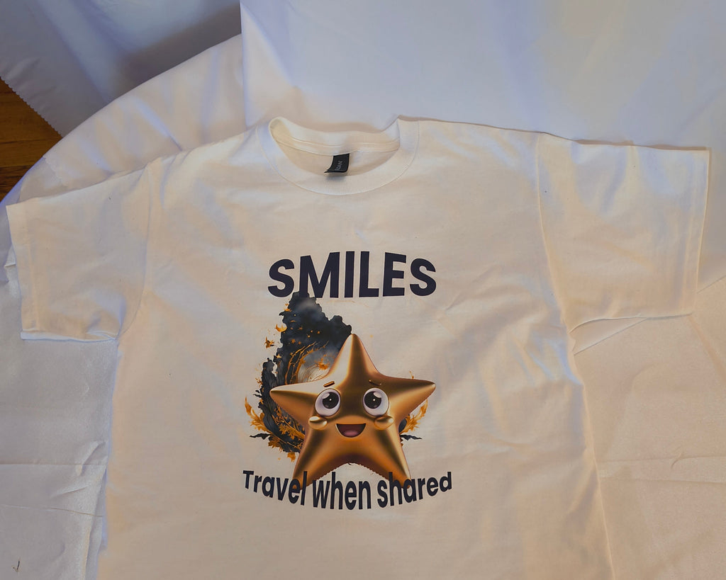 Short sleeved T-Shirt, white, 100% cotton, Smiles Travel when shared