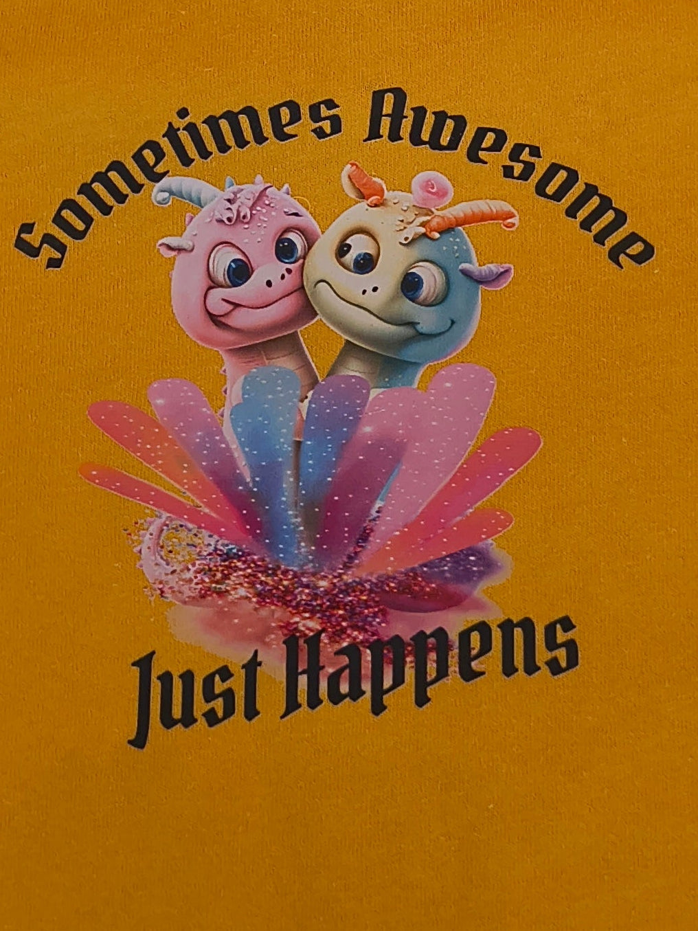 Short Sleeve T-Shirt, Yellow 100%cotton, Goofy Characters with variegated colors, States "Sometimes Awesome Just Happens"