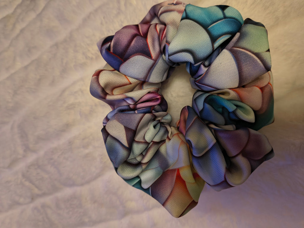 Scrunchie, hair accessory, 3 pk(sm,md, and lg), scallop pattern of beautiful blues, greens, yellows and more