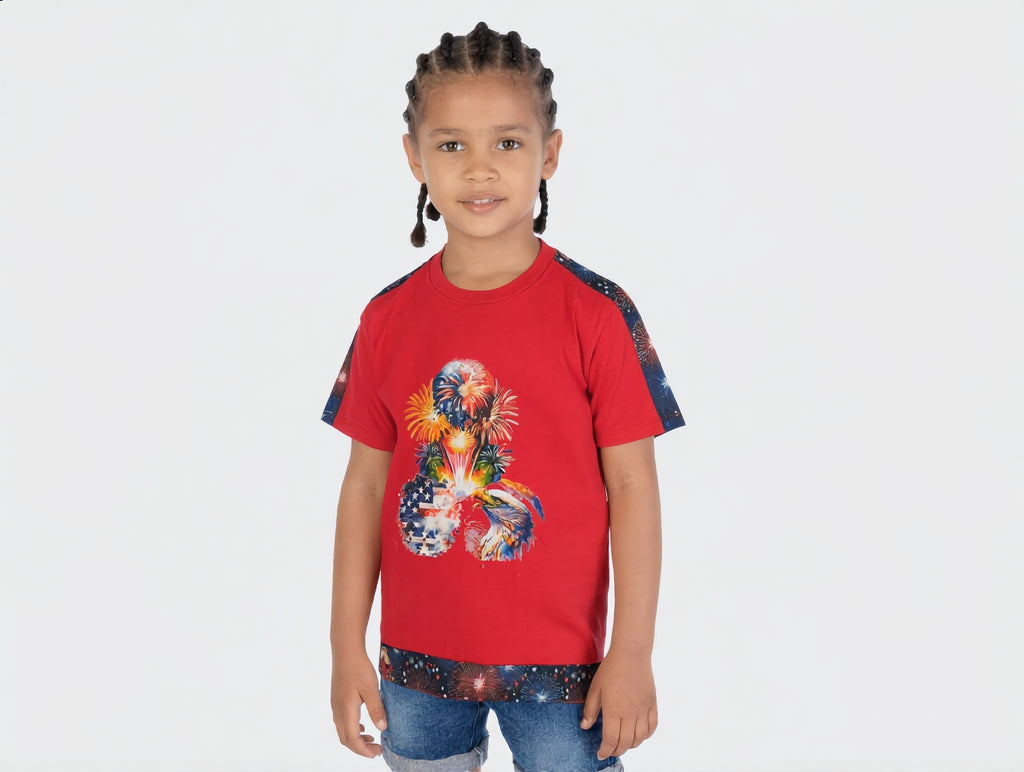 Short sleeve T-Shirt, Red, Firework /Eagle/Flag image, with added Artist designed fabric trim