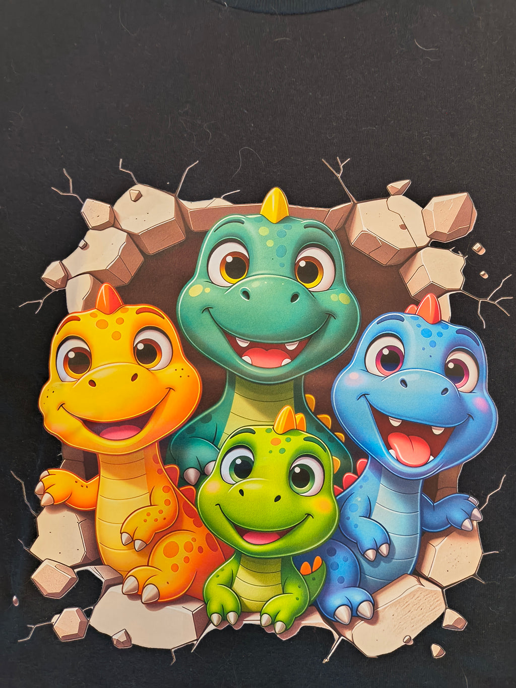 Short Sleeve T-Shirt, Black 100% cotton, Trimmed with designer cotton fabric, Four little Dinosaurs