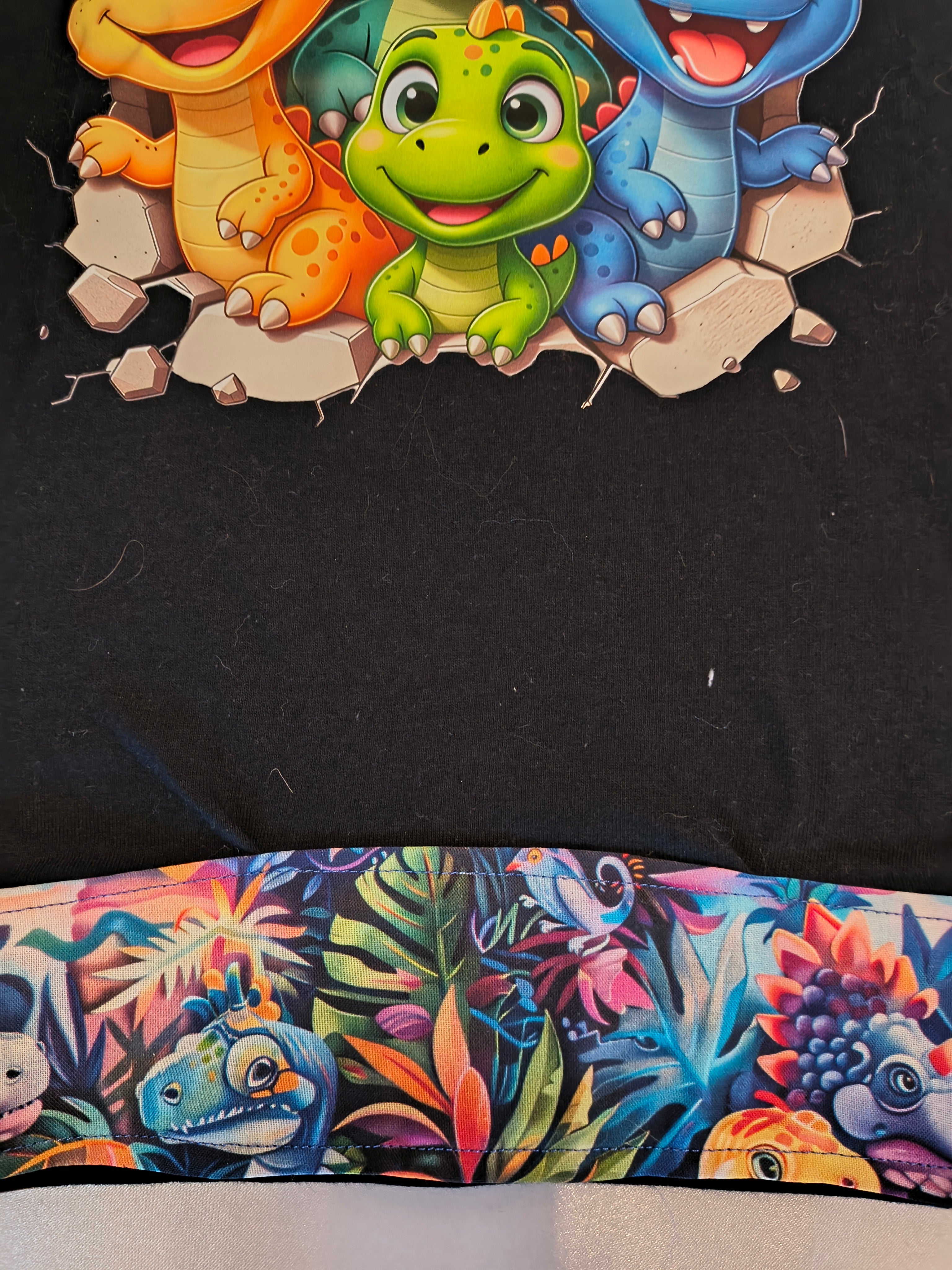 Short Sleeve T-Shirt, Black 100% cotton, Trimmed with designer cotton fabric, Four little Dinosaurs