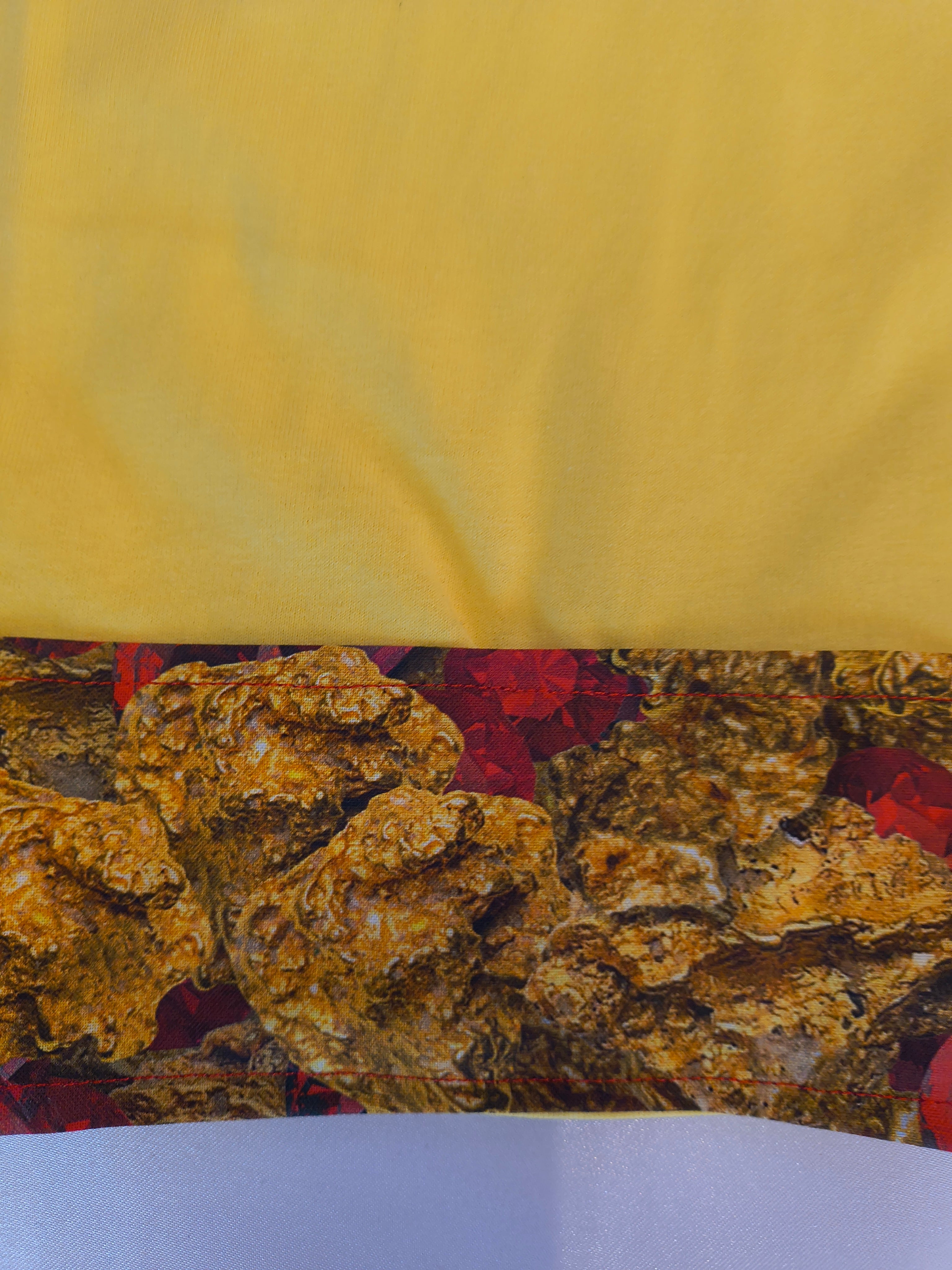 Short Sleeve T-Shirt, Yellow, 100% Cotton, Beautiful Dragon graphic with designer created cotton trim around sleeves and bottom of edge