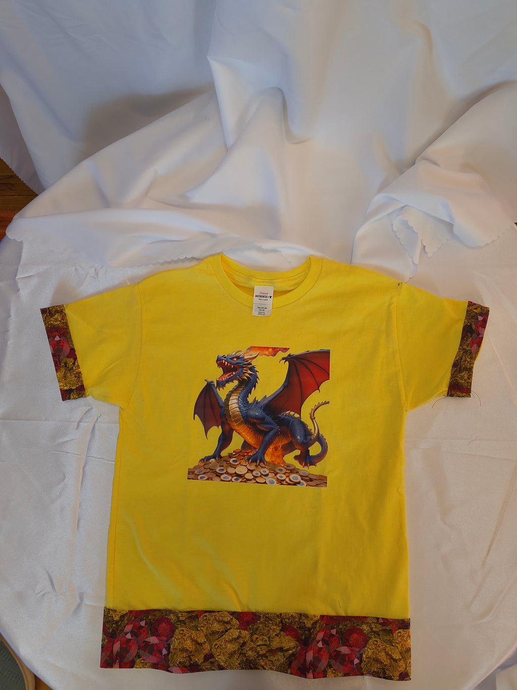 Short Sleeve T-Shirt, Yellow, 100% Cotton, Beautiful Dragon graphic with designer created cotton trim around sleeves and bottom of edge