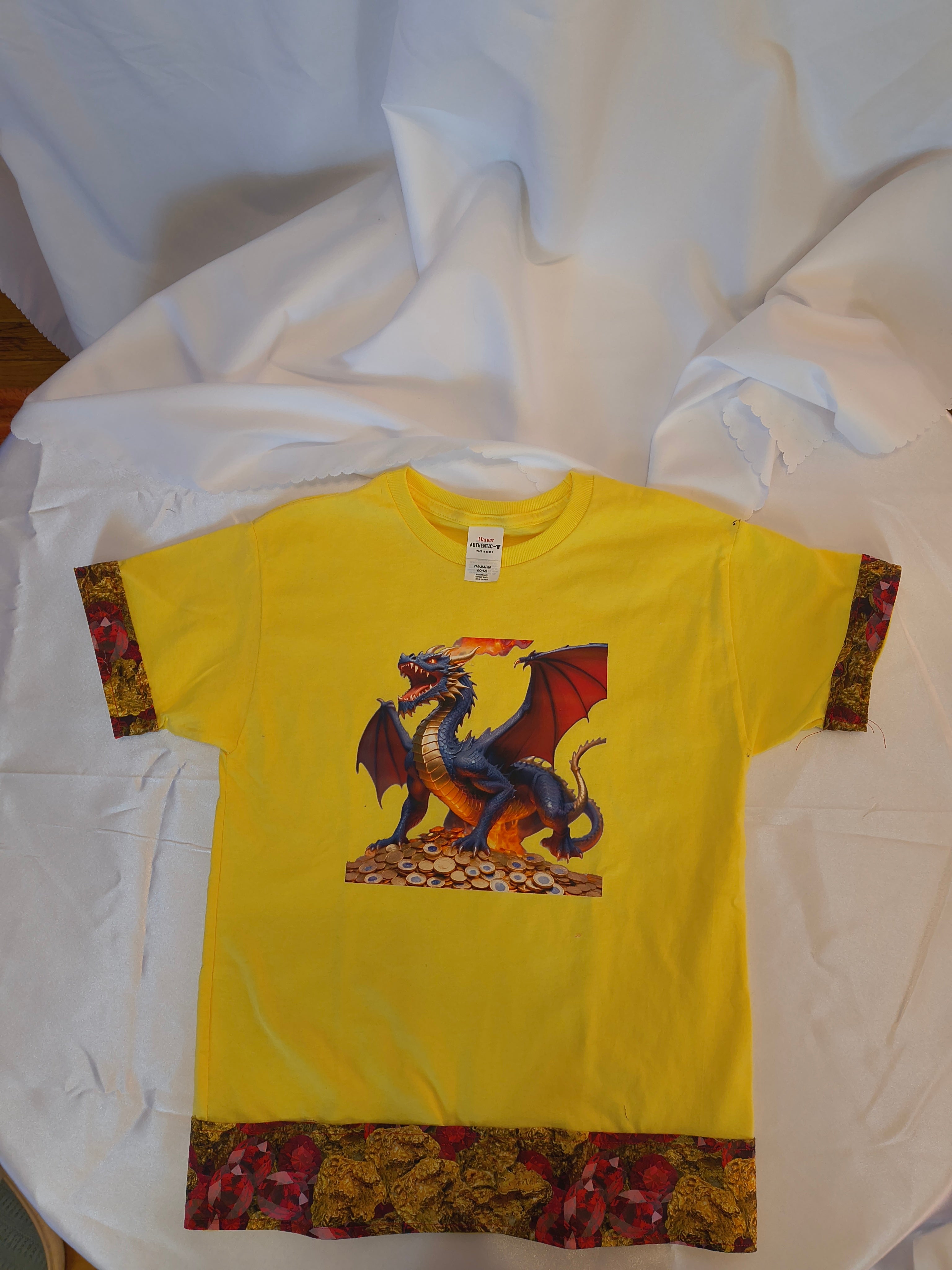 Short Sleeve T-Shirt, Yellow, 100% Cotton, Beautiful Dragon graphic with designer created cotton trim around sleeves and bottom of edge