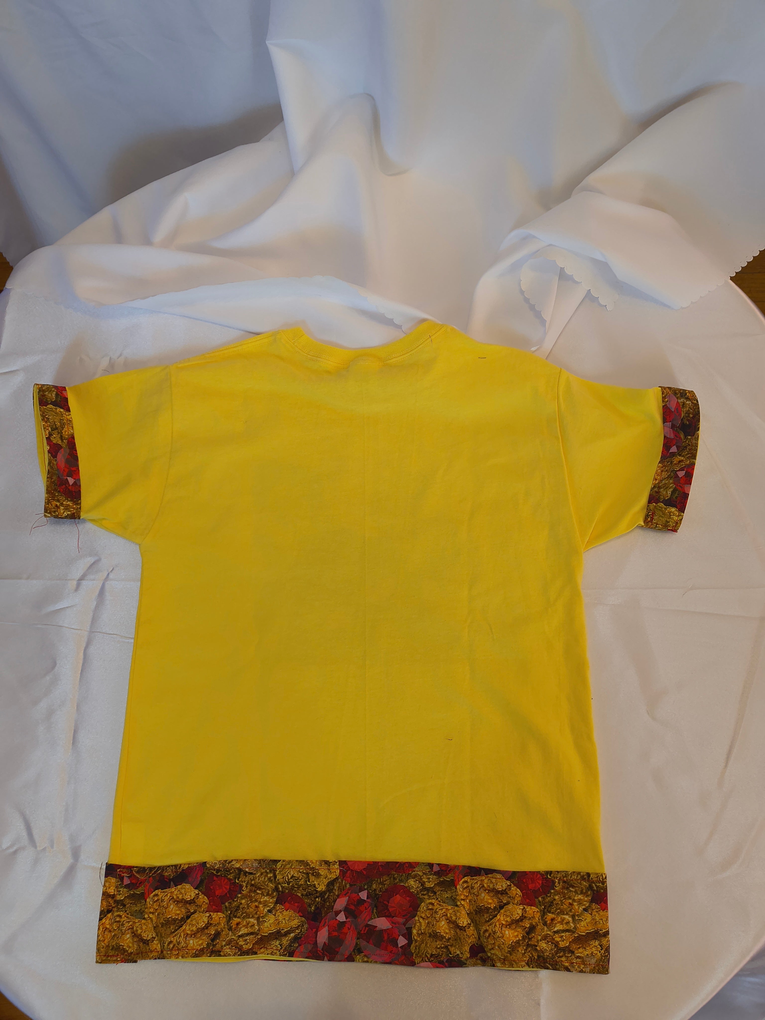 Short Sleeve T-Shirt, Yellow, 100% Cotton, Beautiful Dragon graphic with designer created cotton trim around sleeves and bottom of edge