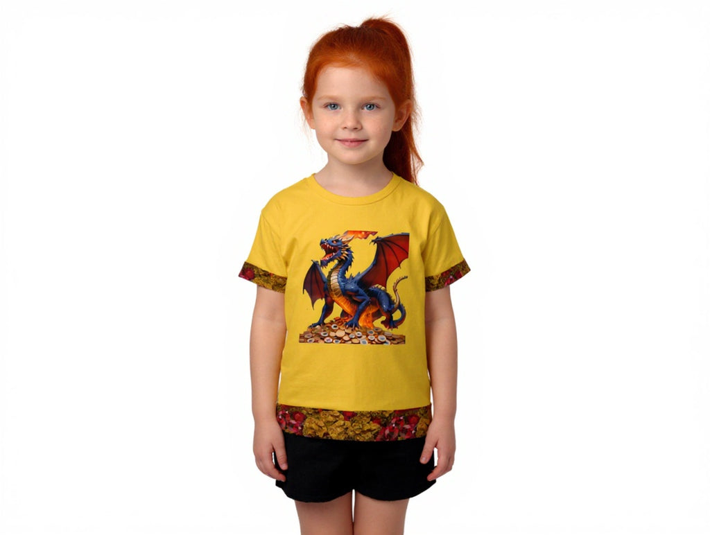 Short Sleeve T-Shirt, Yellow, 100% Cotton, Beautiful Dragon graphic with designer created cotton trim around sleeves and bottom of edge
