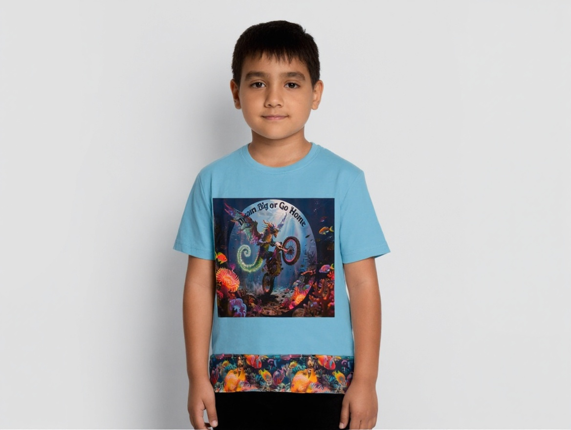 Short Sleeve T-Shirt, turquoise, 100% cotton, fun sea creature in the ocean popping a wheely, States, "Dream Big or Go Home", with cotton graphic sea trim