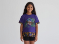 Short Sleeve T-Shirt, purple, 100% cotton, beautiful Peacock mask graphic with artist designed cotton trim on arms and bottom hem.