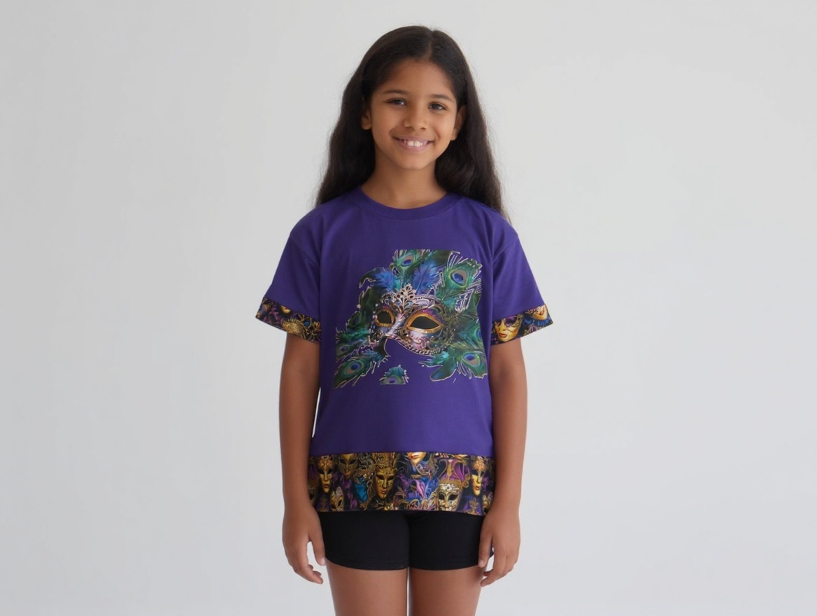 Short Sleeve T-Shirt, purple, 100% cotton, beautiful Peacock mask graphic with artist designed cotton trim on arms and bottom hem.