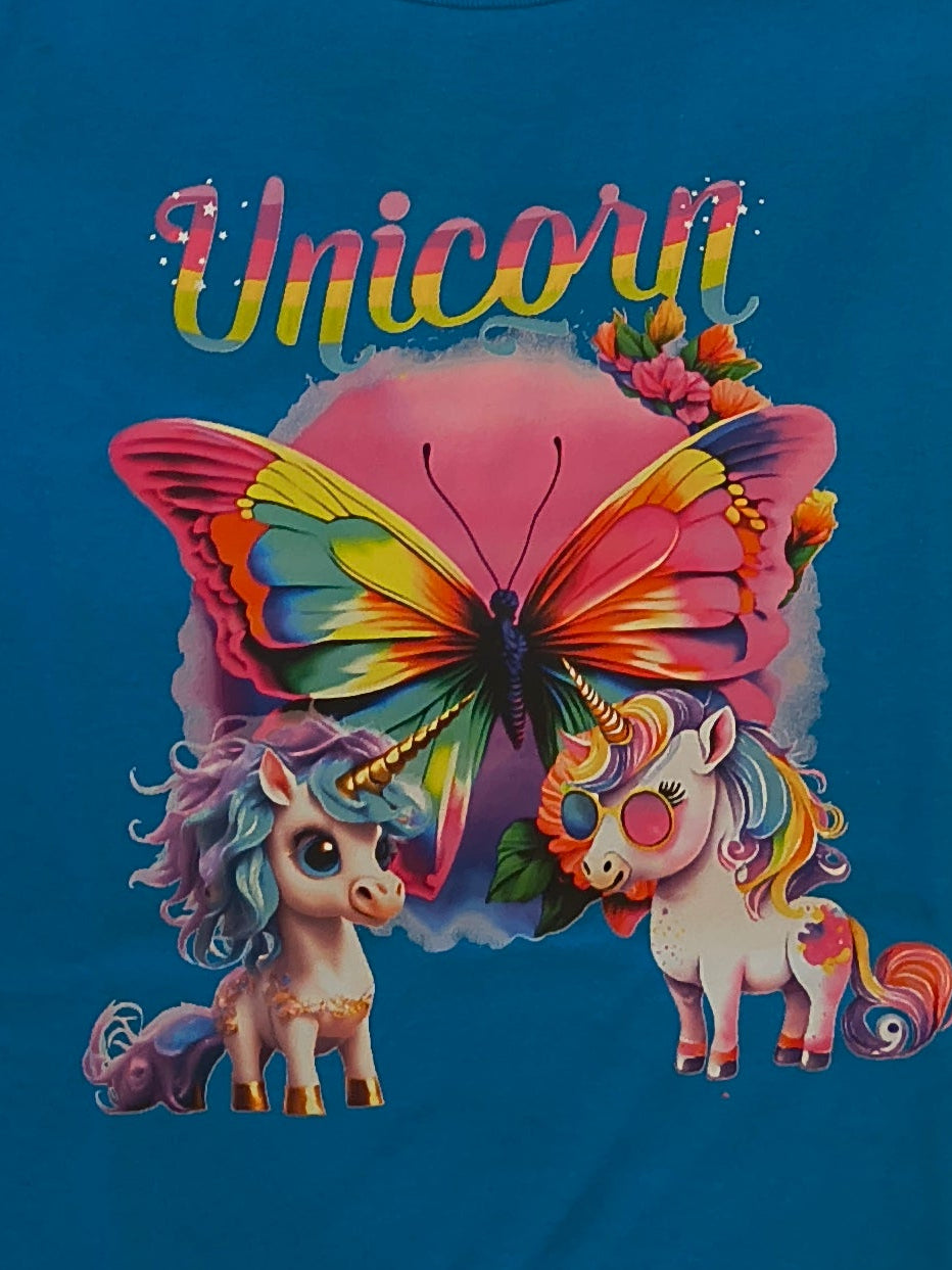 Short Sleeve T-Shirt, Turquise, 100% cotton. Unicorns and Butterfly graphic with a multicolor fabric trim that sparkles around sleeves and bottom of shirt